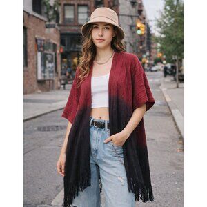 One Size Open Front Ombre Burgundy Black Soft Knitted Cardigan Short Sleeves NEW